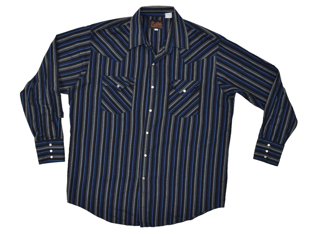 Plains Western Wear Men's Striped Western Snap Shirt Long Sleeve Size L Blue
